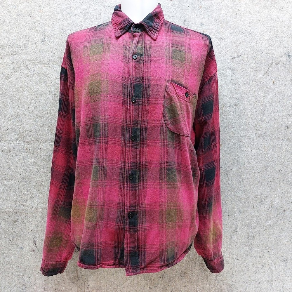 MNML Plaid Flannel Shirt Men's Streetwear XXL Red Black Acid Wash Distressed